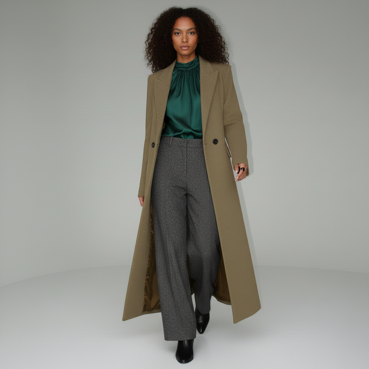 Stylish women's ruby long tailored coat, an elegant & modern outerwear statement.