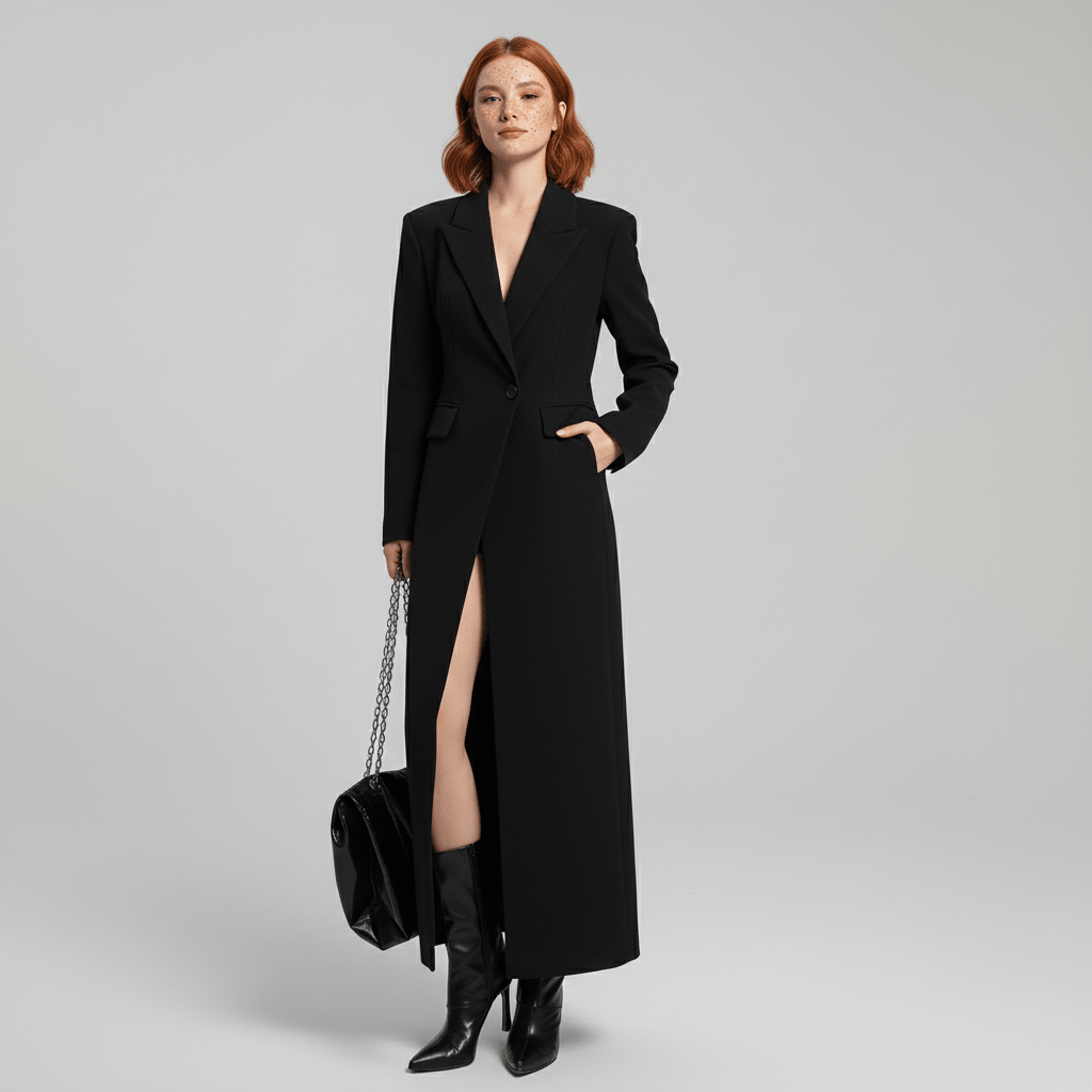 Elegant women's ruby longline fitted coat, expertly tailored for chic, modern appeal.
