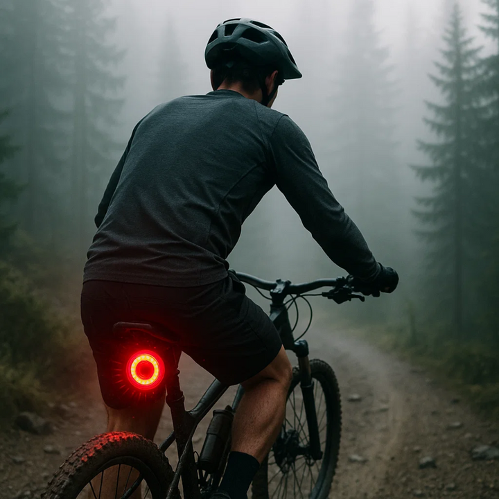 Durable mountain bike rear brake light, waterproof, 6 modes, USB rechargeable for trail & urban safety.