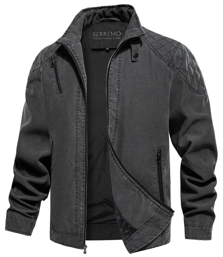 Rugged men's charcoal canvas jacket, ideal for casual wear, front view with zipper closure.