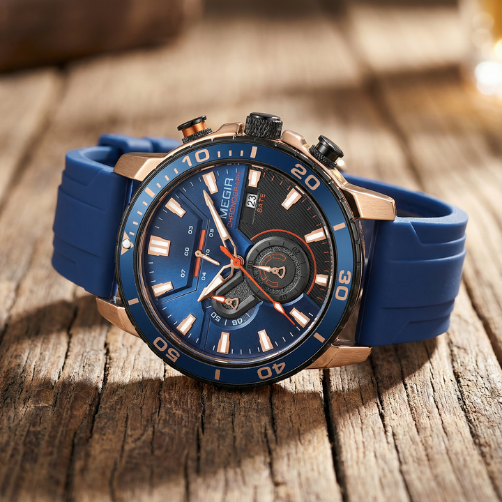 Adventure-ready men's chronograph timepiece featuring a robust design and black silicone wrist watch band.