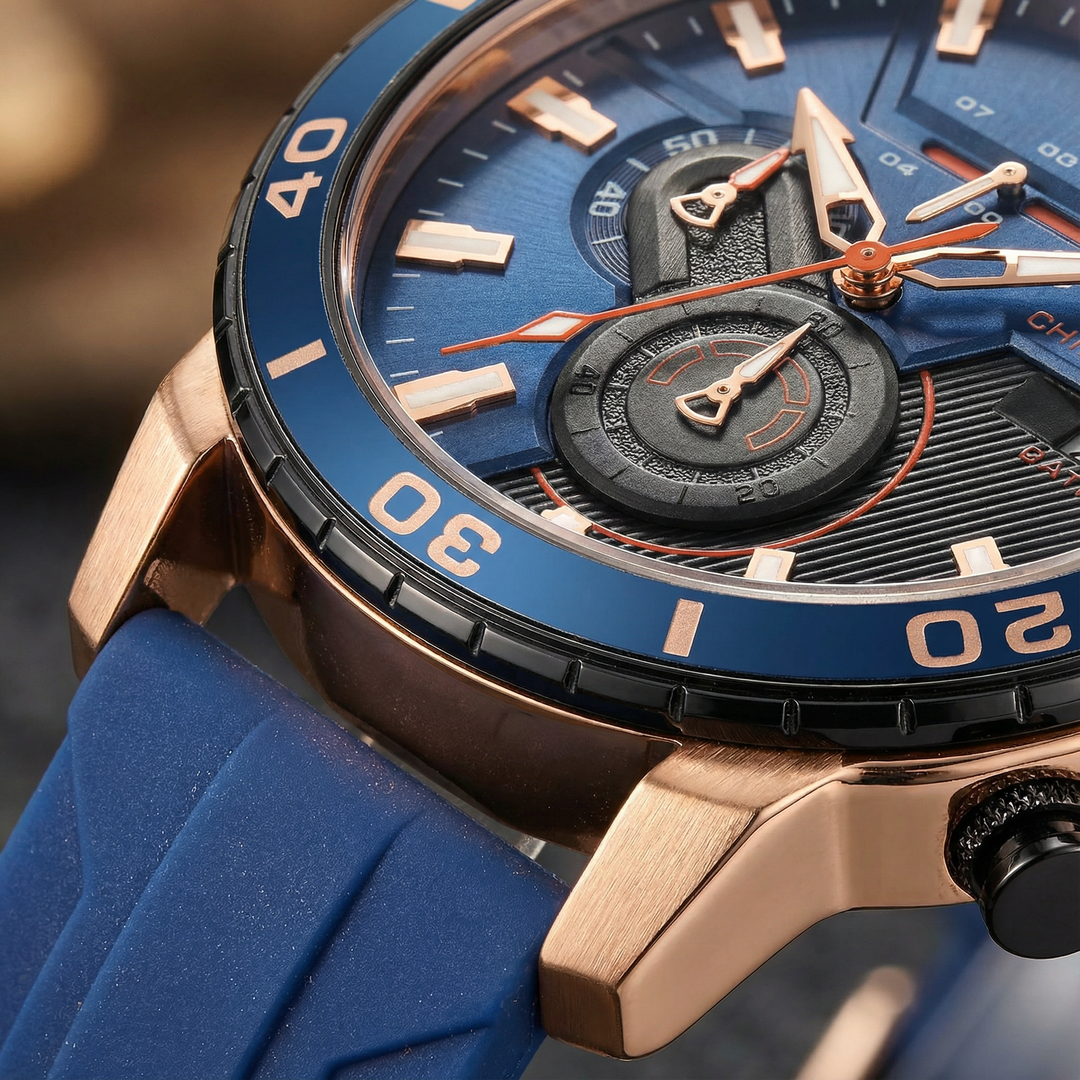 High-performance men's rugged watch, a chronograph sport watch with a resilient silicone band for outdoor use.