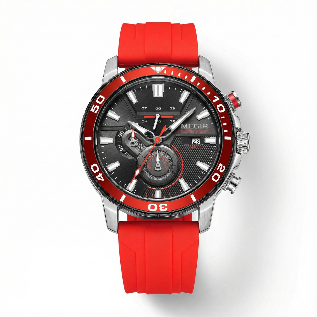 Men's rugged wrist watch with chronograph features, designed for durability and outdoor sports with a silicone band.