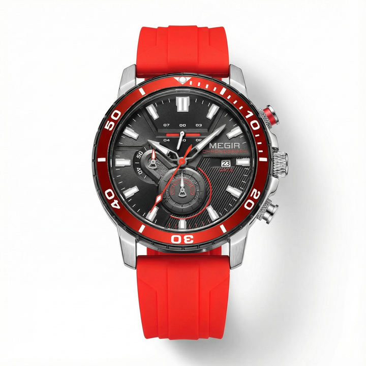 Men's rugged wrist watch with chronograph features, designed for durability and outdoor sports with a silicone band.
