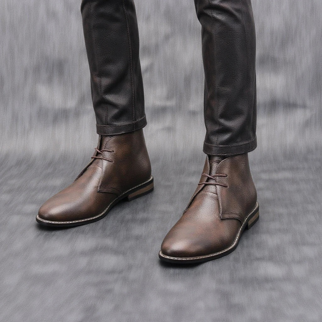 Stack of rugged men's dark brown leather ankle boots, various sizes, high quality mens fashion