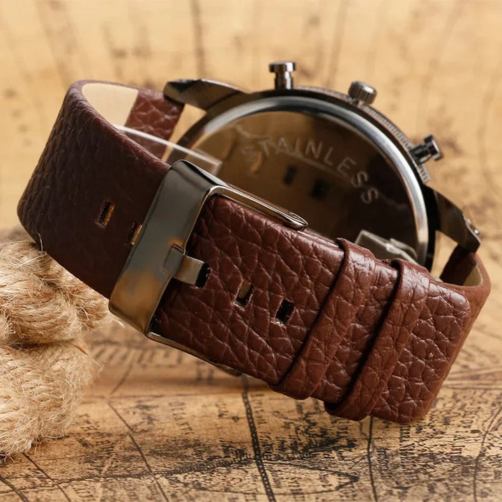 Stylish rugged men's watch featuring a chronograph, dual time display, and a comfortable brown leather band.