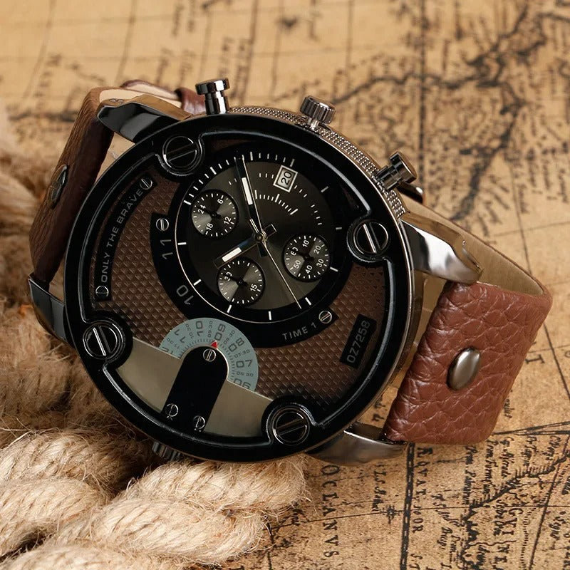 Side view of a rugged men's dual time watch, highlighting its robust design and high-quality leather strap.