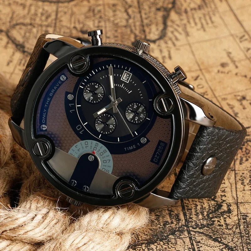 Elegantly rugged men's watch, a black chronograph with dual time functionality and a classic brown leather strap.