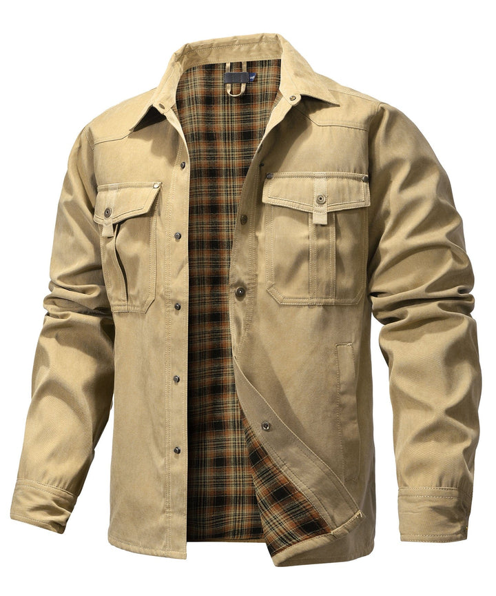 Detail shot of the tough polyester blend fabric of this men's outdoor jacket