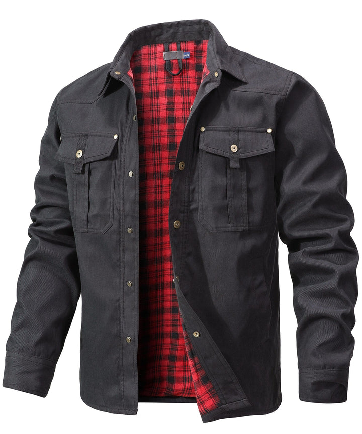 Side profile of a rugged men's jacket, emphasizing its multi-season design