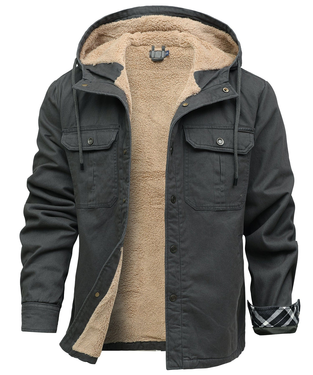 Black rugged men's jacket, fleece material, excellent for outdoor adventures