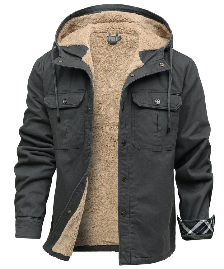 Black rugged men's jacket, fleece material, excellent for outdoor adventures