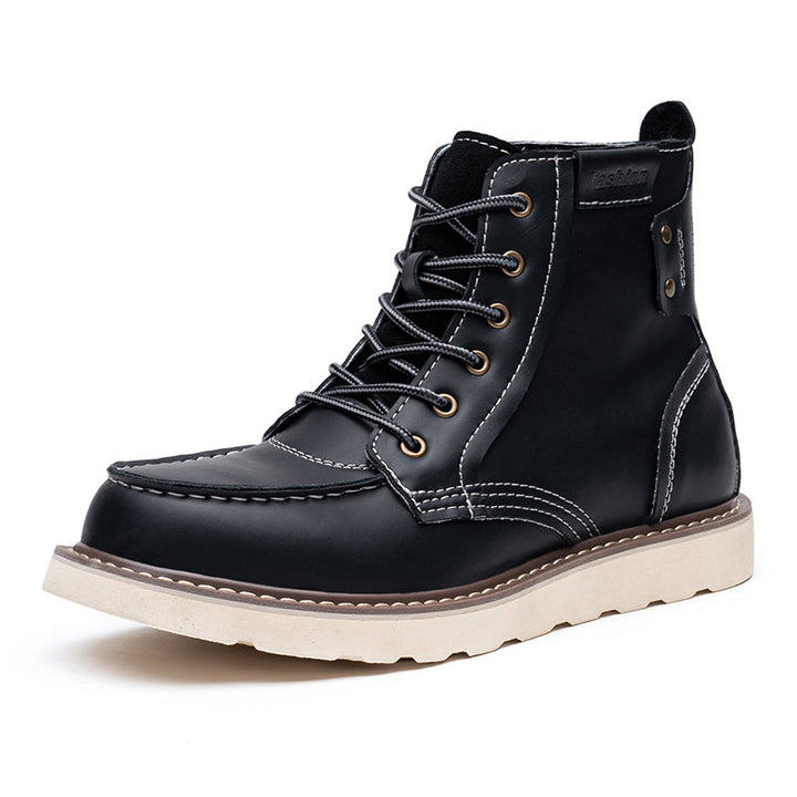 Monochromatic image of black men's waterproof chukka boots, emphasizing their durable aesthetic