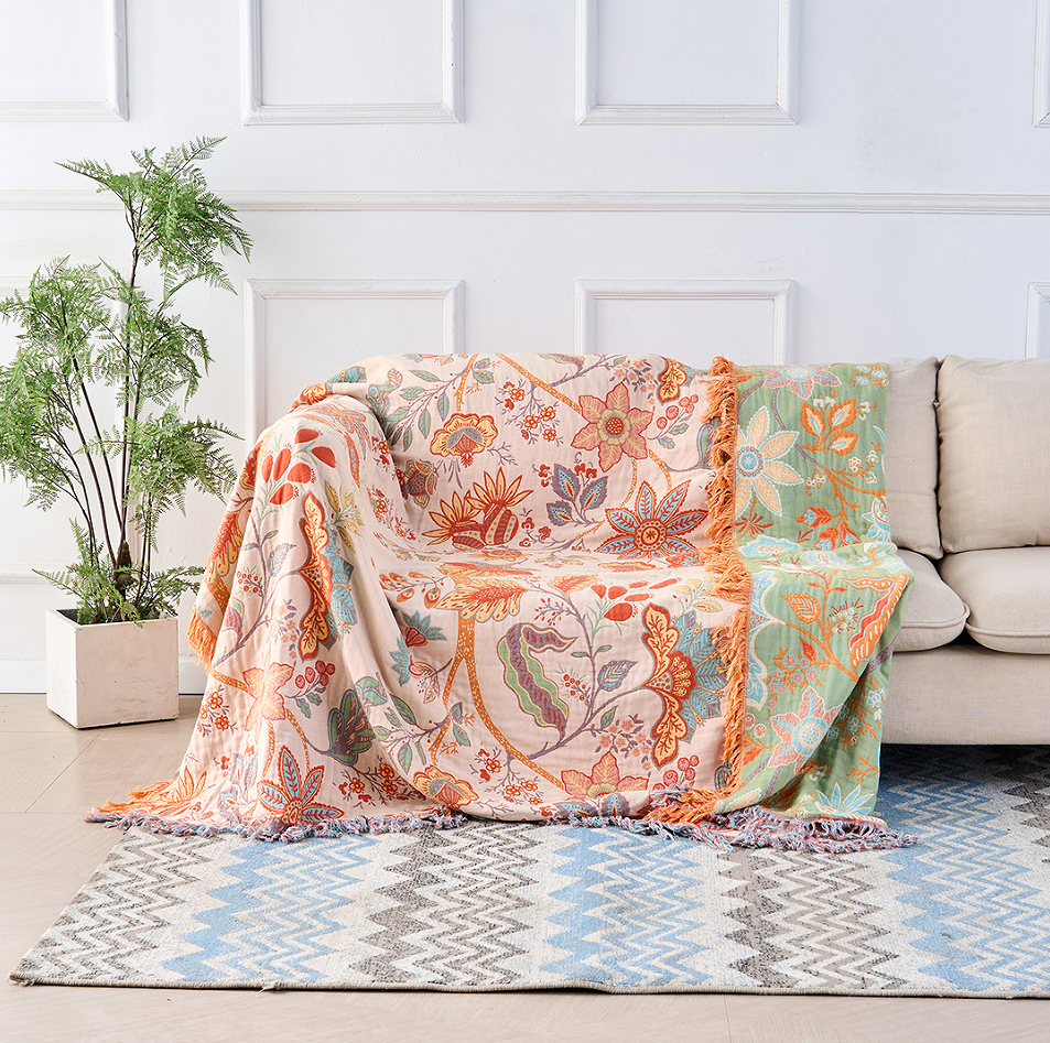 Rustic Floral 100% Cotton Boho Blanket: Soft, decorative throw with bohemian design, perfect for home decor.
