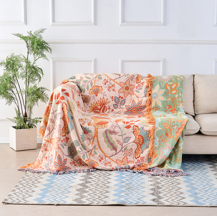 Rustic Floral 100% Cotton Boho Blanket: Soft, decorative throw with bohemian design, perfect for home decor.