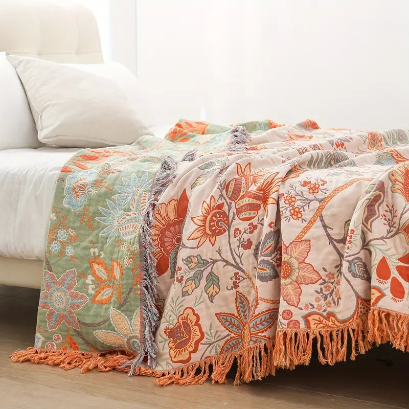 Unisex Rustic Floral Cotton Throw: Cozy, machine washable boho blanket with intricate floral pattern for rustic decor.