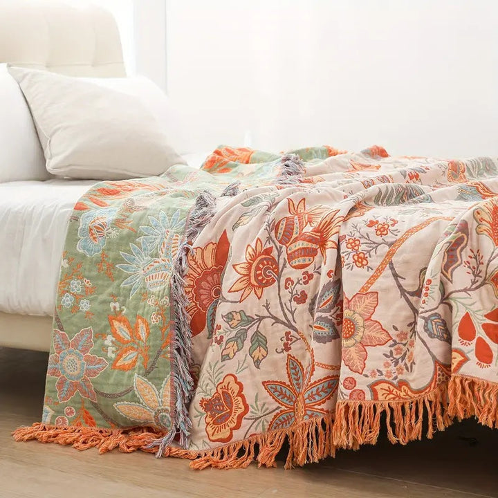 Unisex Rustic Floral Cotton Throw: Cozy, machine washable boho blanket with intricate floral pattern for rustic decor.