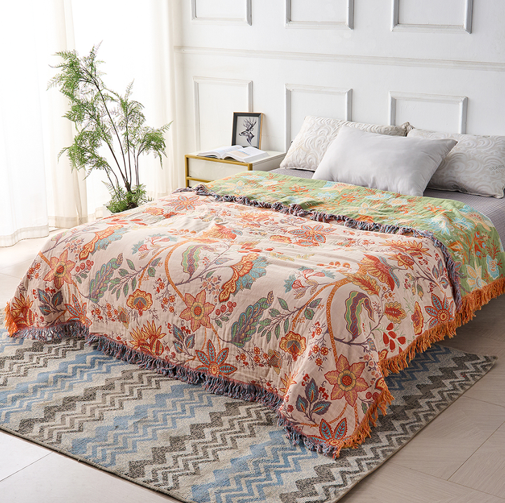 Bohemian Floral Cotton Blanket: Soft, 100% cotton throw, ideal for rustic home decor & adding a cozy touch.