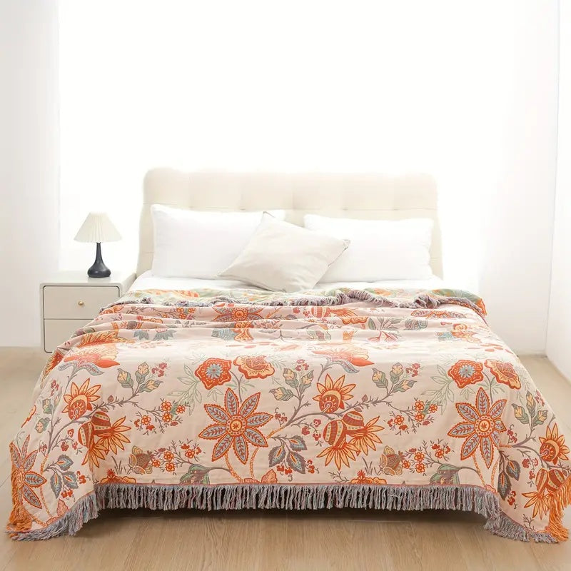 Soft Rustic Floral Cotton Throw: 100% cotton boho blanket, perfect for cozying up & enhancing your home decor.