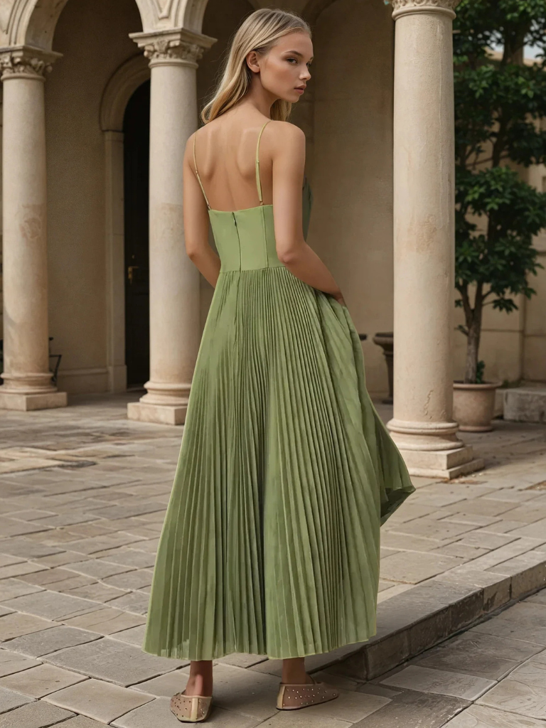 Women's elegant sage green pleated maxi dress with corset top, perfect for wedding guests.