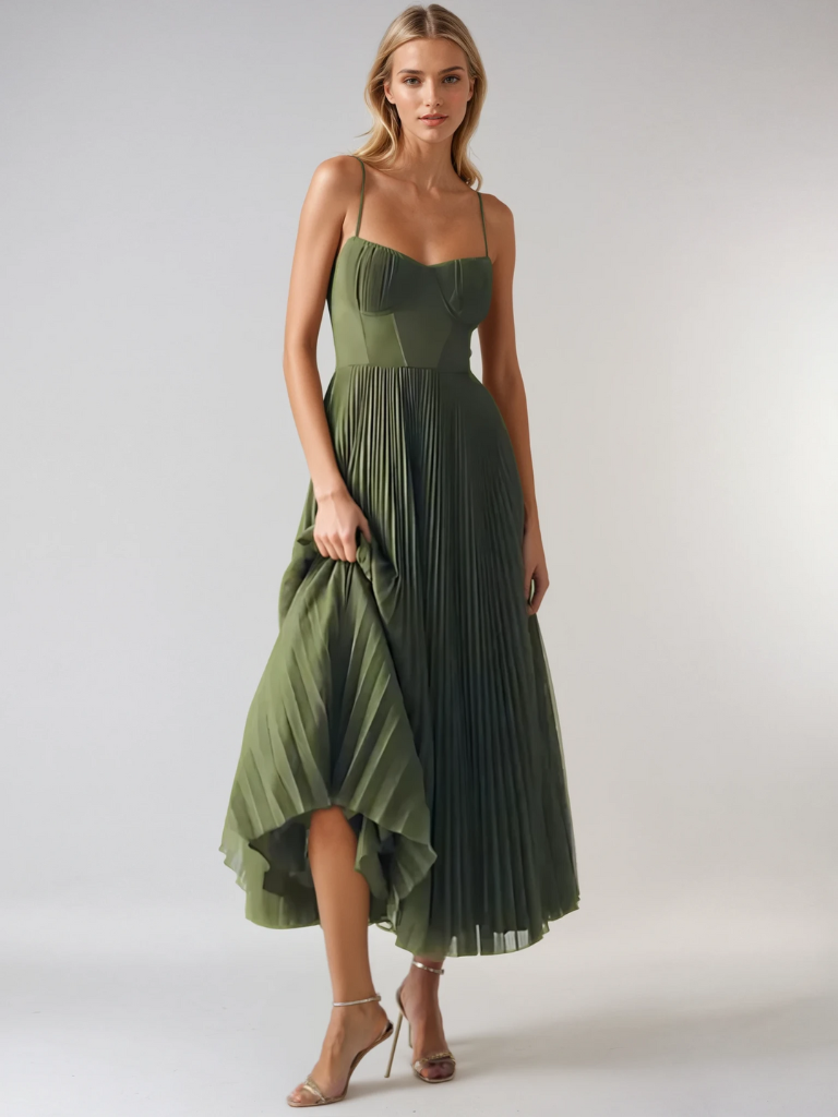 Formal sage green evening gown, a corset pleated maxi dress for special occasions and events.