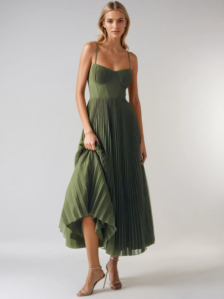 Formal sage green evening gown, a corset pleated maxi dress for special occasions and events.