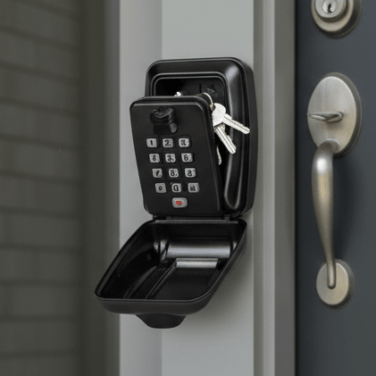 Secure outdoor key safe, weatherproof zinc alloy lockbox for home security & spare key storage.