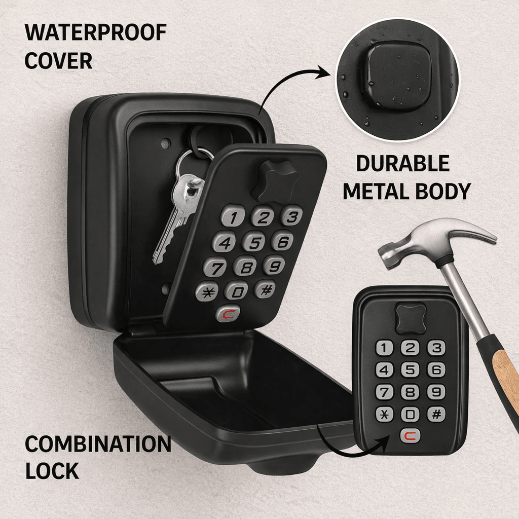 Robust outdoor key safe, weatherproof zinc alloy lockbox for secure home spare key storage and access control.
