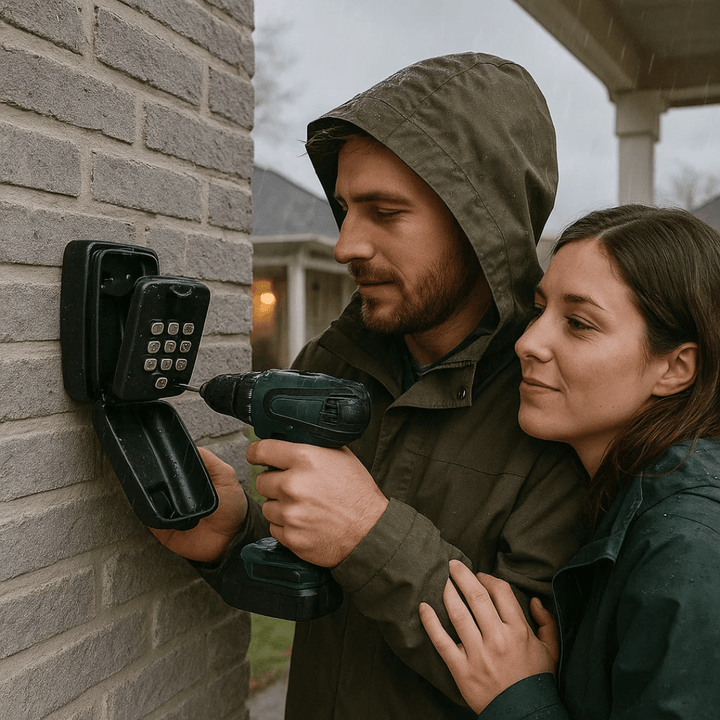 Weatherproof outdoor key safe with robust zinc alloy for secure home key storage and access.
