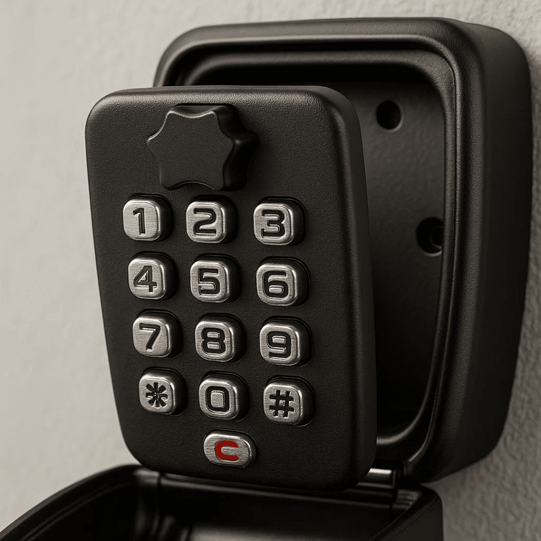 Outdoor key lockbox for secure spare key storage, providing convenient home access & enhanced security.
