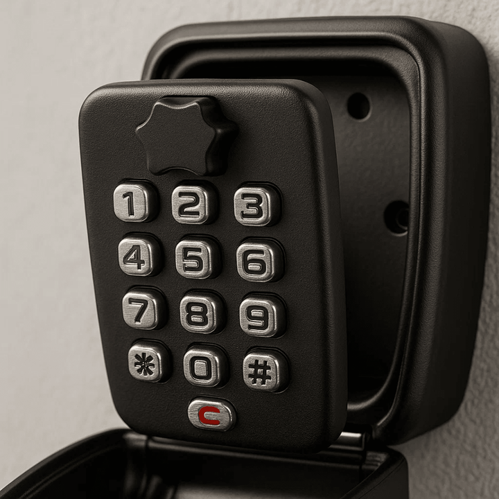 Outdoor key lockbox for secure spare key storage, providing convenient home access & enhanced security.