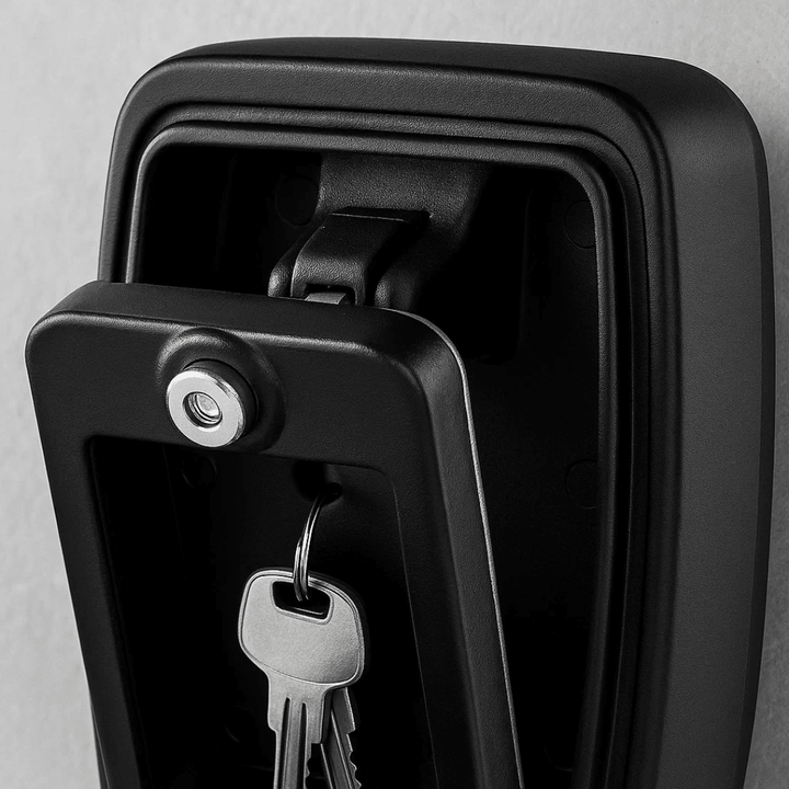 Home outdoor key safe, weatherproof zinc alloy lockbox for secure spare key storage & access.