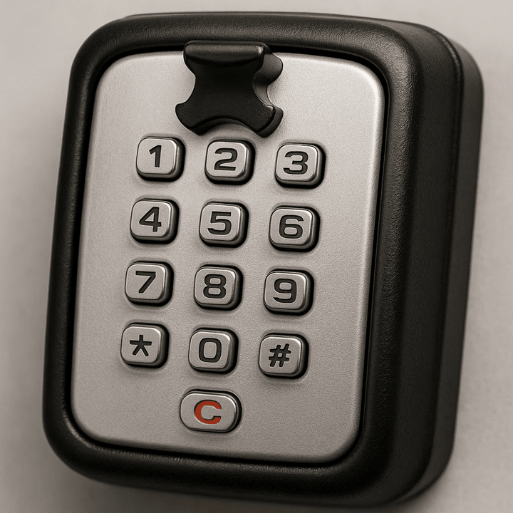 Outdoor key storage lockbox, weatherproof zinc alloy for secure home access and spare key protection.