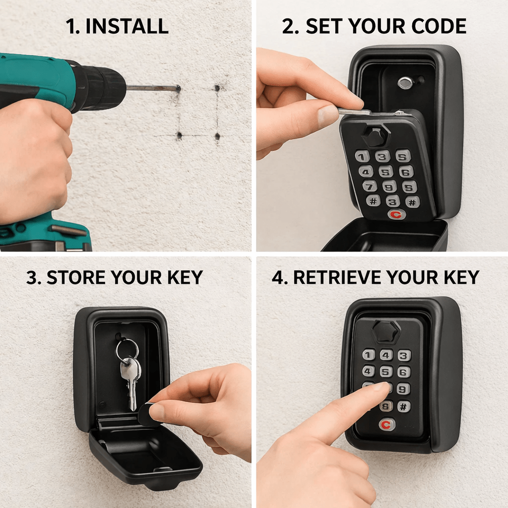 Convenient outdoor key safe, weatherproof for secure home access, storing spare keys safely.