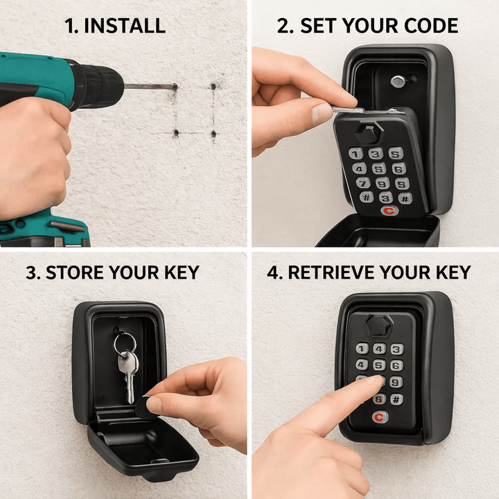 Convenient outdoor key safe, weatherproof for secure home access, storing spare keys safely.