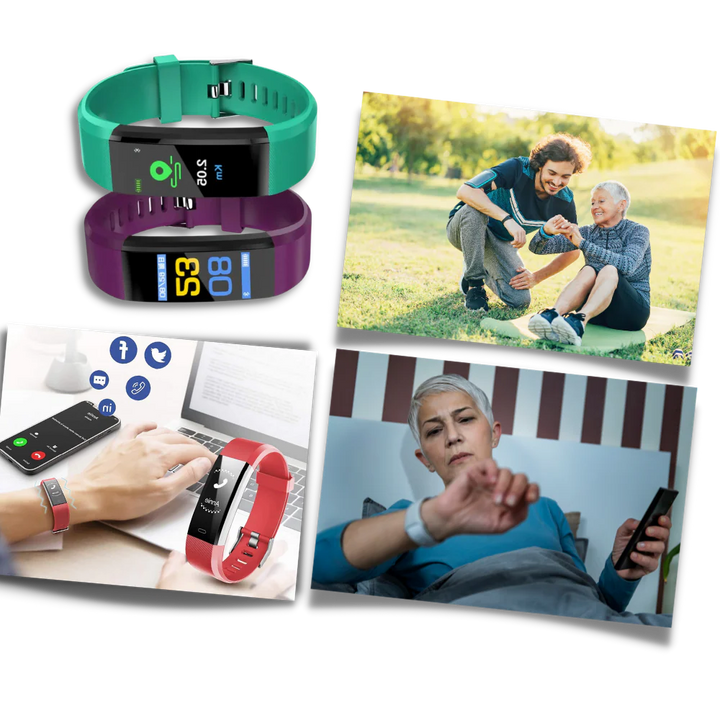 Senior-friendly smartwatch with health features, LED screen, real-time monitoring, waterproof, in Black, Blue, Green, or Purp