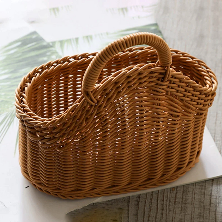 Set of 2 handwoven wall storage baskets with handles, perfect for natural home organization & rustic decor.