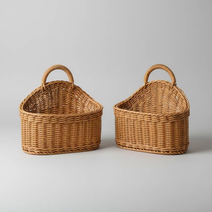 Decorative handwoven wall baskets with handles for stylish home storage. Set of two adds rustic charm.