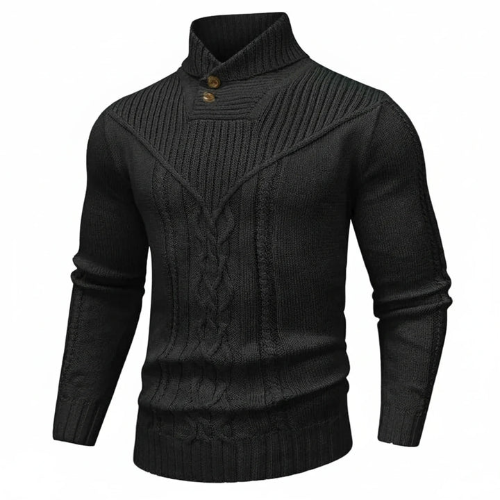 Classic men's cable knit sweater featuring a stylish shawl collar. Cozy men's knitwear.