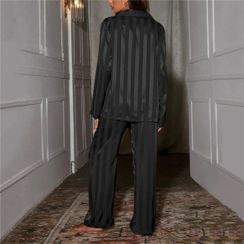 Emilia women's comfortable nightwear. Silky-soft two-piece loungewear set for feminine elegance.