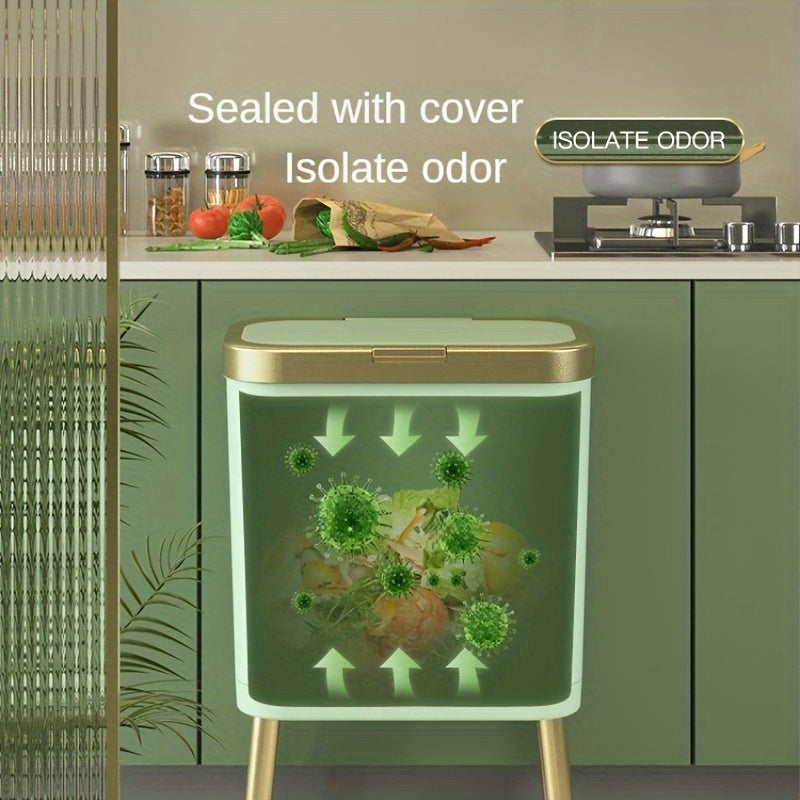Space-saving 15L modern waste bin with odor control lid, sleek design for kitchen, bathroom, office.