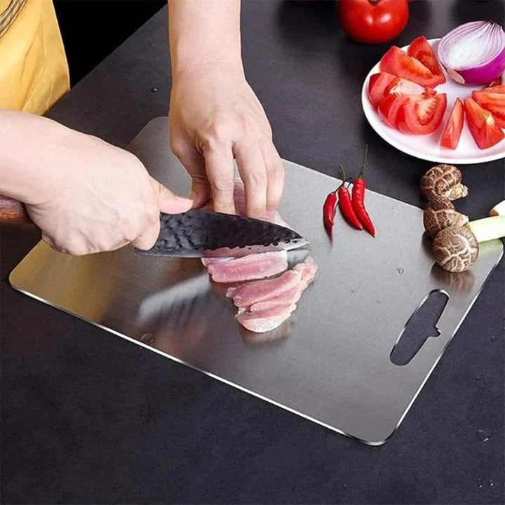 Durable titanium cutting board, perfect for heavy-duty kitchen use and hygienic food preparation.