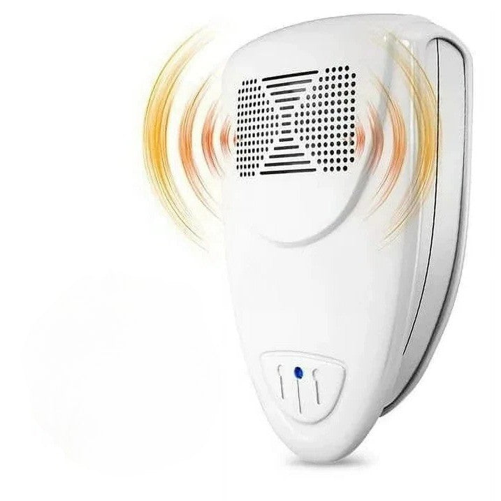 Sleek ultrasonic bed bug repeller plugged into an outlet, providing safe & non-toxic pest control for home.