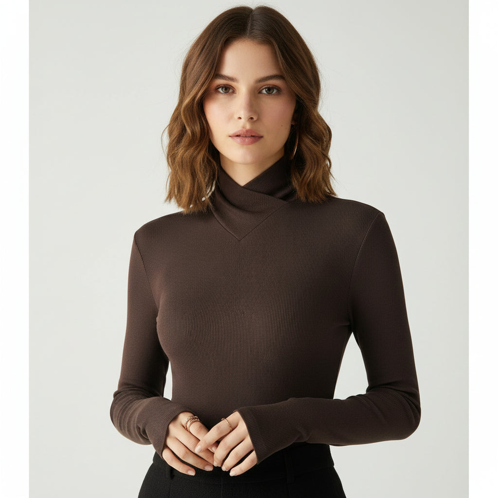Sleek women's fitted turtleneck sweater, long sleeves & thumb holes. Perfect for warm, elegant fall and winter layering.