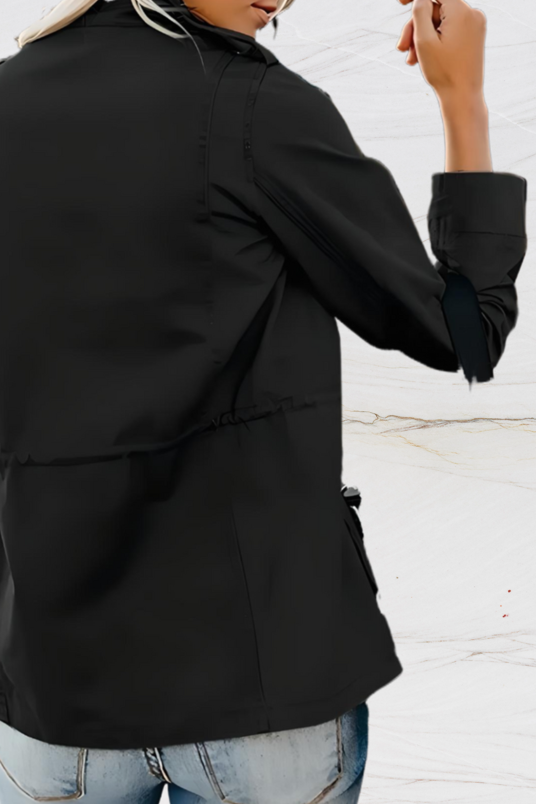 Stylish women's open front jacket, a sophisticated fashion choice for spring or fall outerwear.
