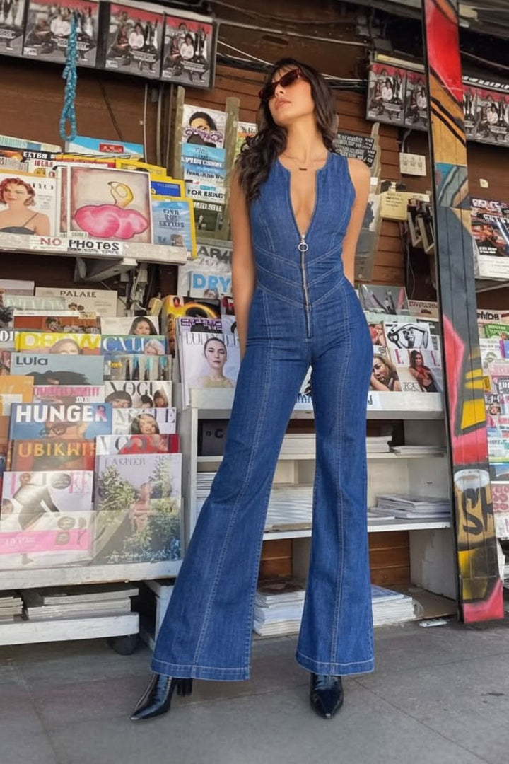 Sleek women's V-neck jumpsuit with tailored fit, ideal for elegant day or evening wear.