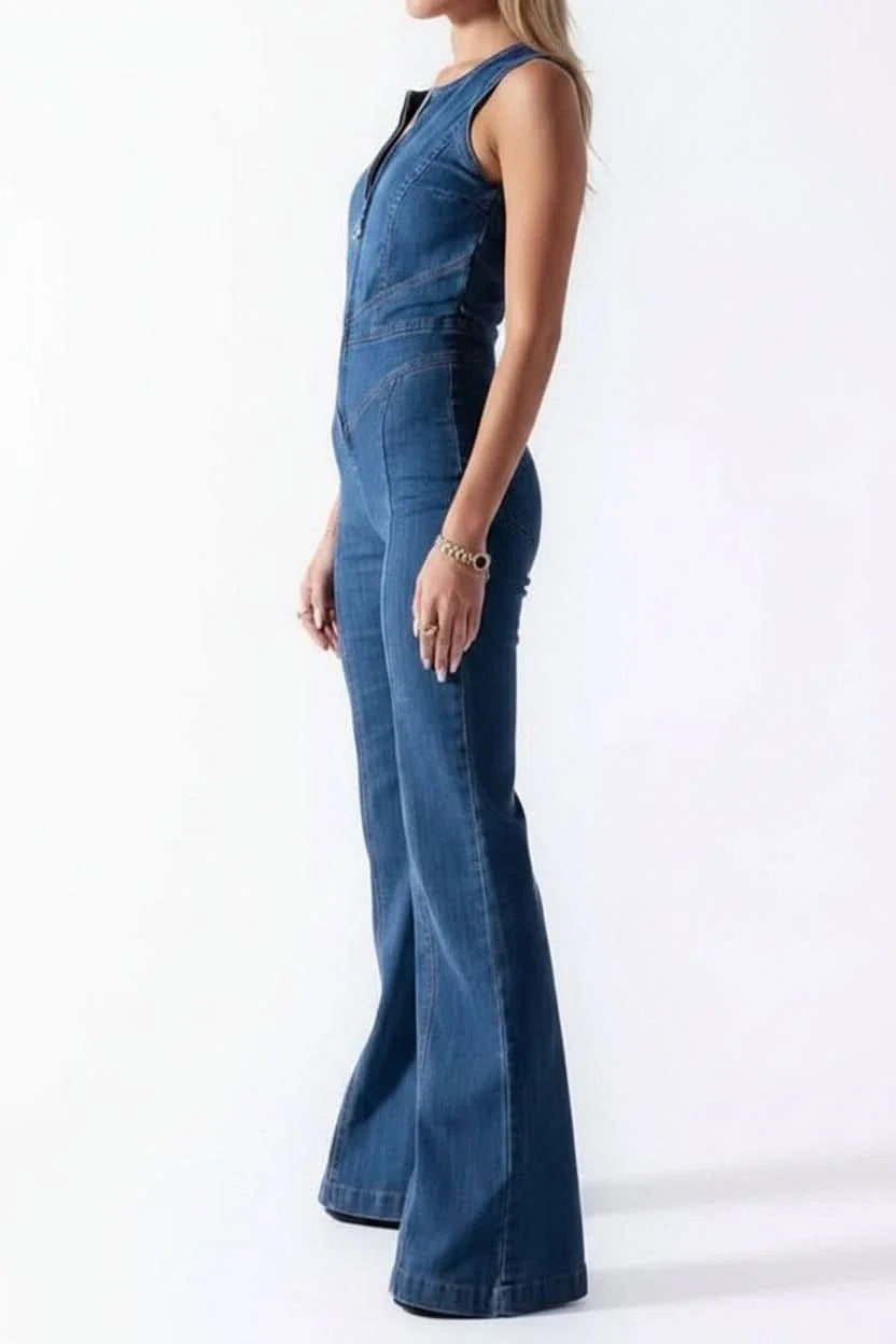 Chic women's V-neck jumpsuit with a flattering flared leg, offering versatile and effortless style.