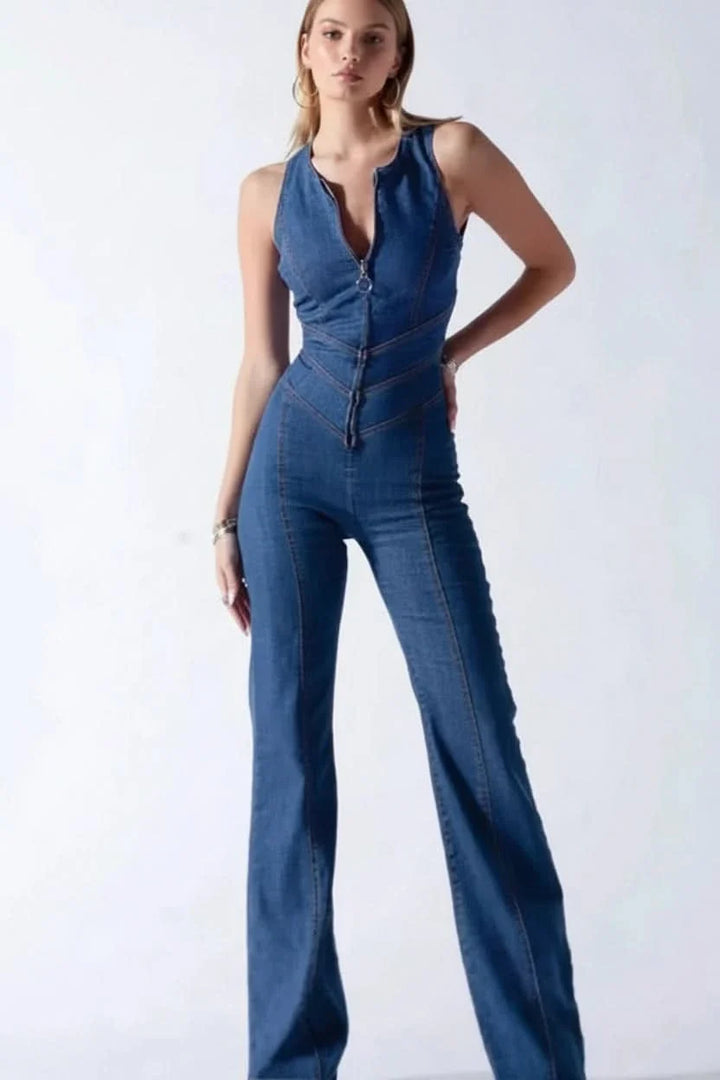 Elegant tailored V-neck jumpsuit for women, designed for a sleek and sophisticated silhouette.