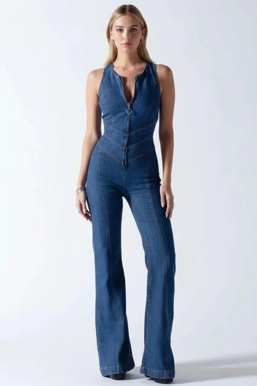 Sophisticated V-neck jumpsuit for women, showcasing sleek lines and an elegant flared silhouette.
