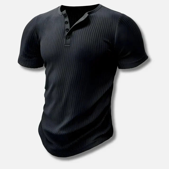 Slim-fit men's Henley t-shirt with button closure, perfect for modern casual style and everyday wear.